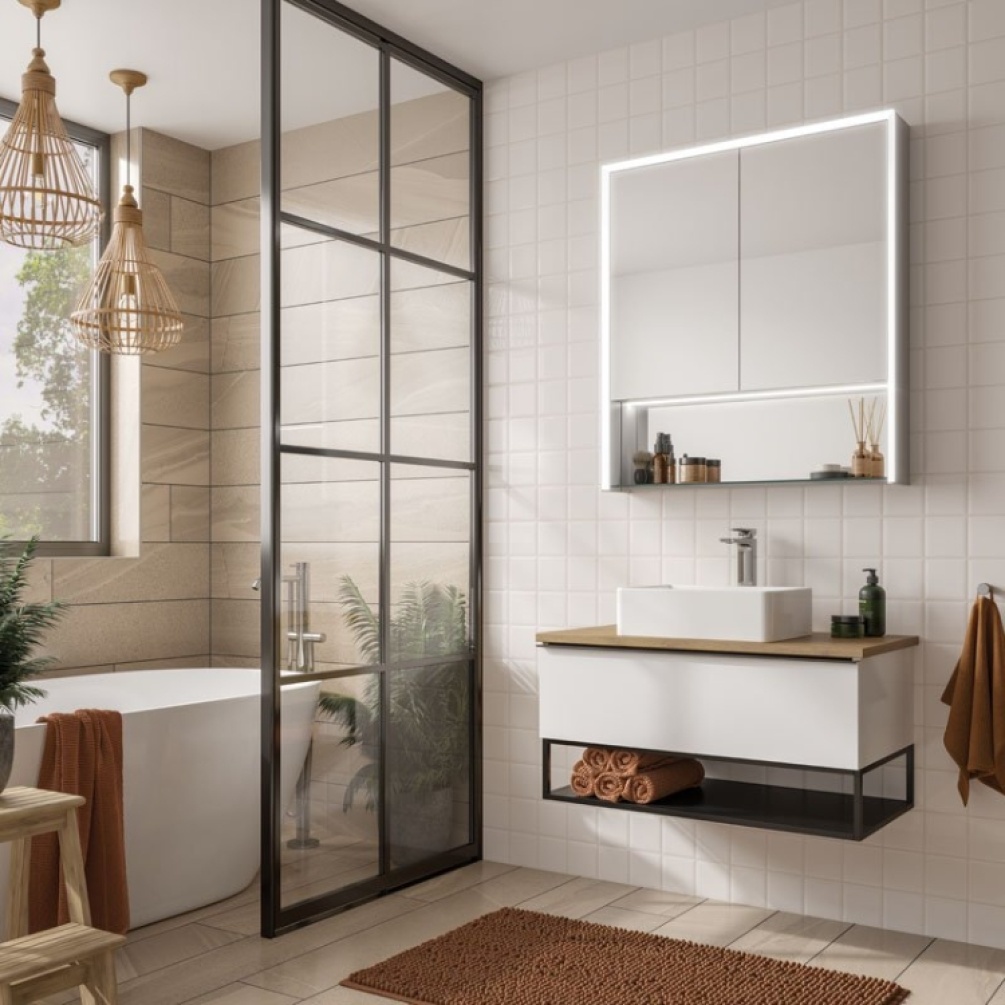 Product Lifestyle image of the HIB Verve 800mm LED Mirror Cabinet with Shelf